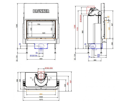 Каминная топка Brunner BKH 5.0 flat 50-82 ST с чугунным дымосборником 200 мм с кольцами Каминная топка Brunner BKH 5.0 flat 50-82 ST с чугунным дымосборником 200 мм с кольцами