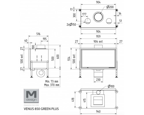 Закрытая топка с прямым стеклом M-Design Венус 850 Грин Плюс Закрытая топка с прямым стеклом M-Design Венус 850 Грин Плюс